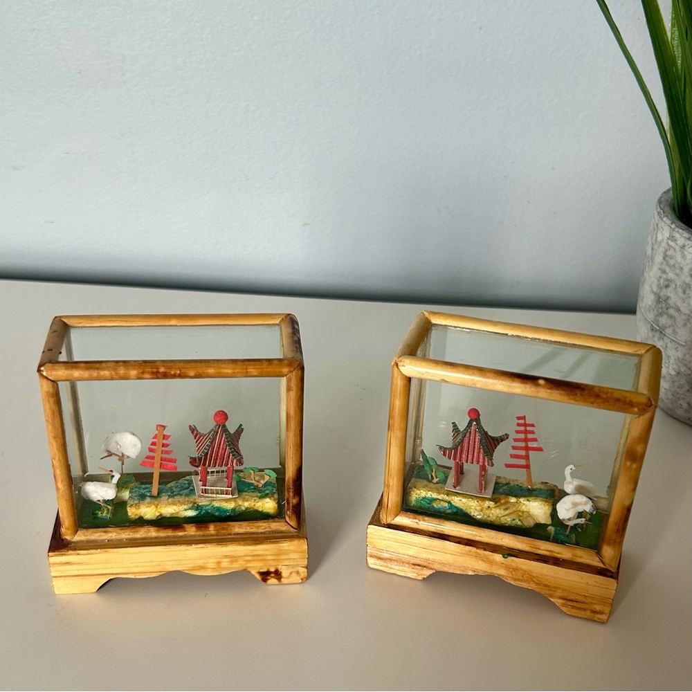 Vintage Bamboo Glass Dioramas 
Shadow Boxes Pair 3” x 3”